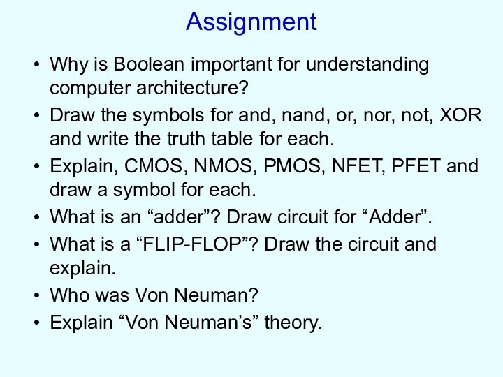 AssignmentWhy is Boolean important for understanding computer architecture?Draw the symbols for and,