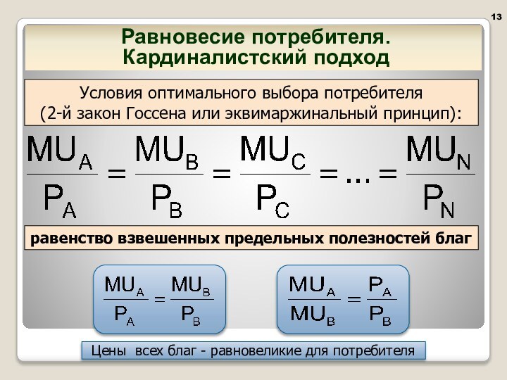 Равновесие потребителя.  Кардиналистский подходЦены всех благ - равновеликие для потребителя