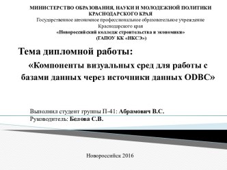 Компоненты визуальных сред для работы с базами данных, через источники данных ODBC