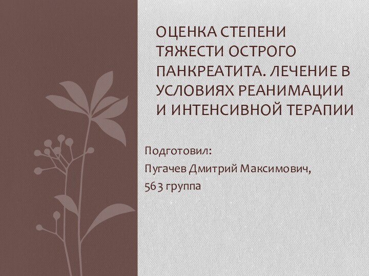 Подготовил: Пугачев Дмитрий Максимович, 563 группаОЦЕНКА СТЕПЕНИ ТЯЖЕСТИ ОСТРОГО ПАНКРЕАТИТА. ЛЕЧЕНИЕ В