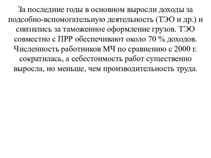 За последние годы в основном выросли доходы за подсобно-вспомогательную деятельность (ТЭО и