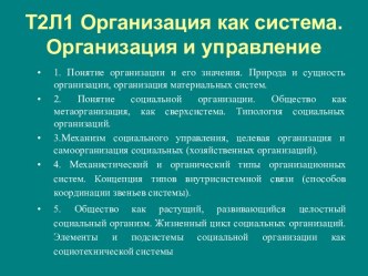 Организация как система. Организация и управление