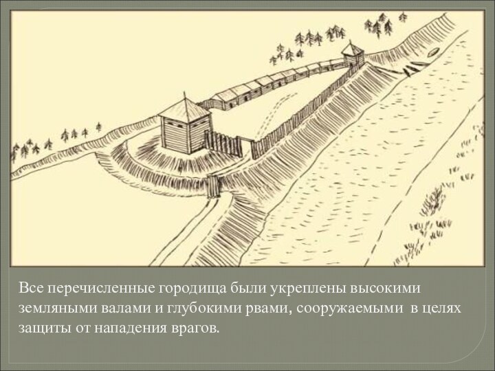 Все перечисленные городища были укреплены высокими земляными валами и глубокими рвами, сооружаемыми