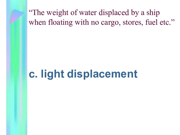 “The weight of water displaced by a ship when floating with no