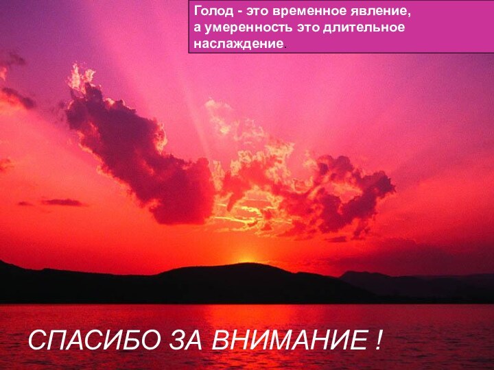 СПАСИБО ЗА ВНИМАНИЕ !Голод - это временное явление, а умеренность это длительное наслаждение.