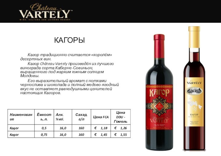 КАГОРЫКагор традиционно считается «королём» десертных вин. Кагор Château Vartely произведён из лучшего