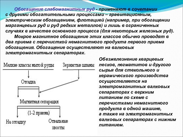 Обогащение слабомагнитных руд - применяют в сочетании с другими обогатительными процессами – гравитационным,