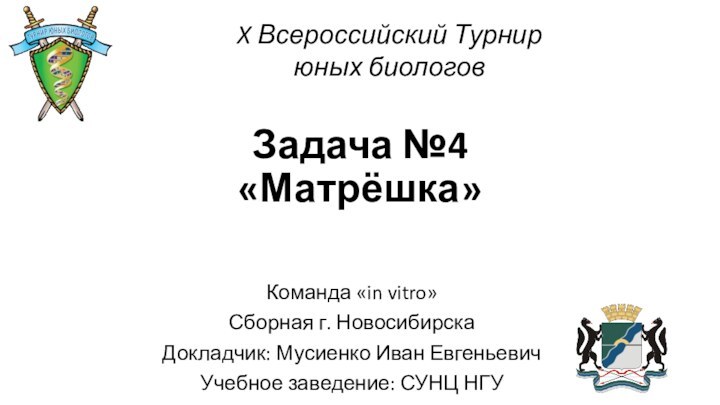 Задача №4 «Матрёшка» Команда «in vitro»Сборная г. НовосибирскаДокладчик: Мусиенко Иван ЕвгеньевичУчебное заведение: