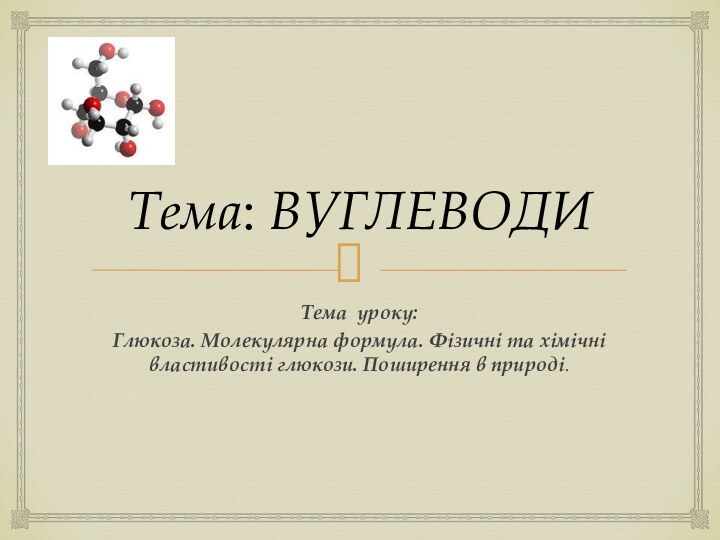 Тема: ВУГЛЕВОДИТема уроку:Глюкоза. Молекулярна формула. Фізичні та хімічні властивості глюкози. Поширення в природі.