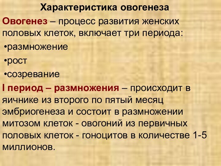 Характеристика овогенезаОвогенез – процесс развития
