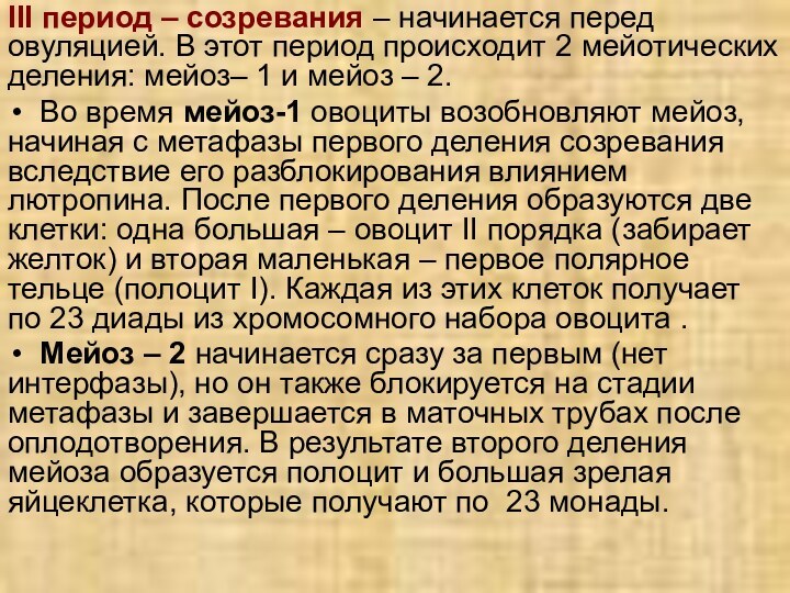 ІІІ период – созревания – начинается перед овуляцией. В этот период происходит
