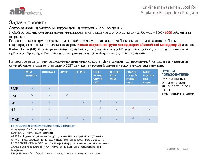 On-line management tool for Applause Recognition ProgramЗадача проектаАвтоматизация системы награждения сотрудников компании.Любой