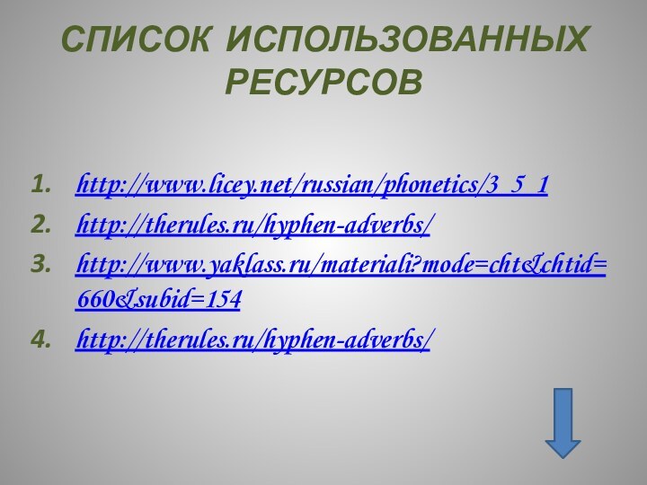 СПИСОК ИСПОЛЬЗОВАННЫХ РЕСУРСОВhttp://www.licey.net/russian/phonetics/3_5_1http://therules.ru/hyphen-adverbs/http://www.yaklass.ru/materiali?mode=cht&chtid=660&subid=154http://therules.ru/hyphen-adverbs/