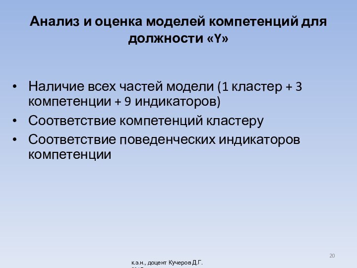 Анализ и оценка моделей компетенций для должности «Y»Наличие всех частей модели (1