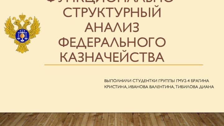 ФУНКЦИОНАЛЬНО-СТРУКТУРНЫЙ АНАЛИЗ ФЕДЕРАЛЬНОГО КАЗНАЧЕЙСТВАВЫПОЛНИЛИ СТУДЕНТКИ ГРУППЫ ГМУ2-4 БРАГИНА КРИСТИНА, ИВАНОВА ВАЛЕНТИНА, ТИБИЛОВА ДИАНА