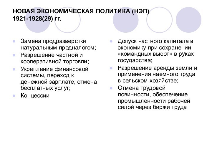 НОВАЯ ЭКОНОМИЧЕСКАЯ ПОЛИТИКА (НЭП)  1921-1928(29) гг.Замена продразверстки натуральным продналогом;Разрешение частной и