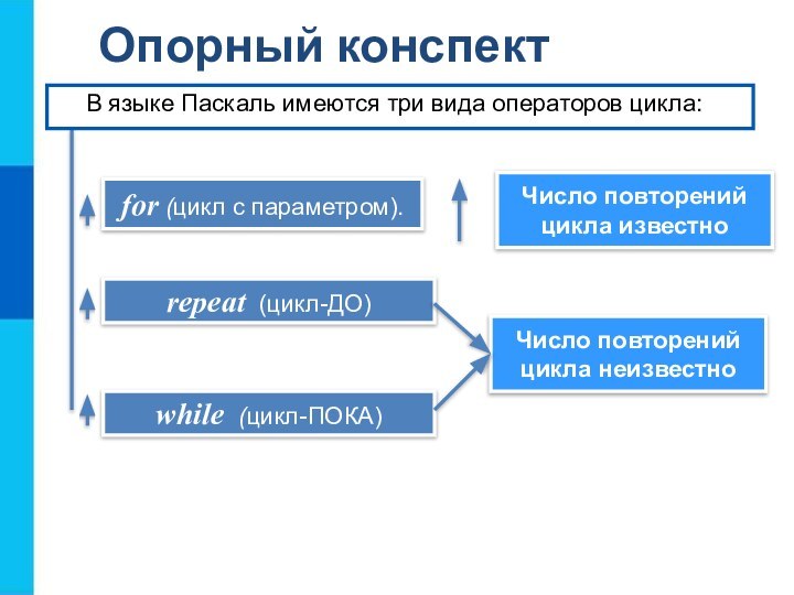 Опорный конспектwhile (цикл-ПОКA)repeat (цикл-ДО)for (цикл с параметром).Число повторений цикла известно В языке