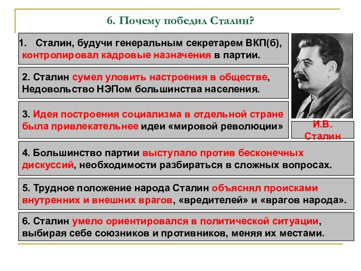 6. Почему победил Сталин?Сталин, будучи генеральным секретарем ВКП(б), контролировал кадровые назначения в