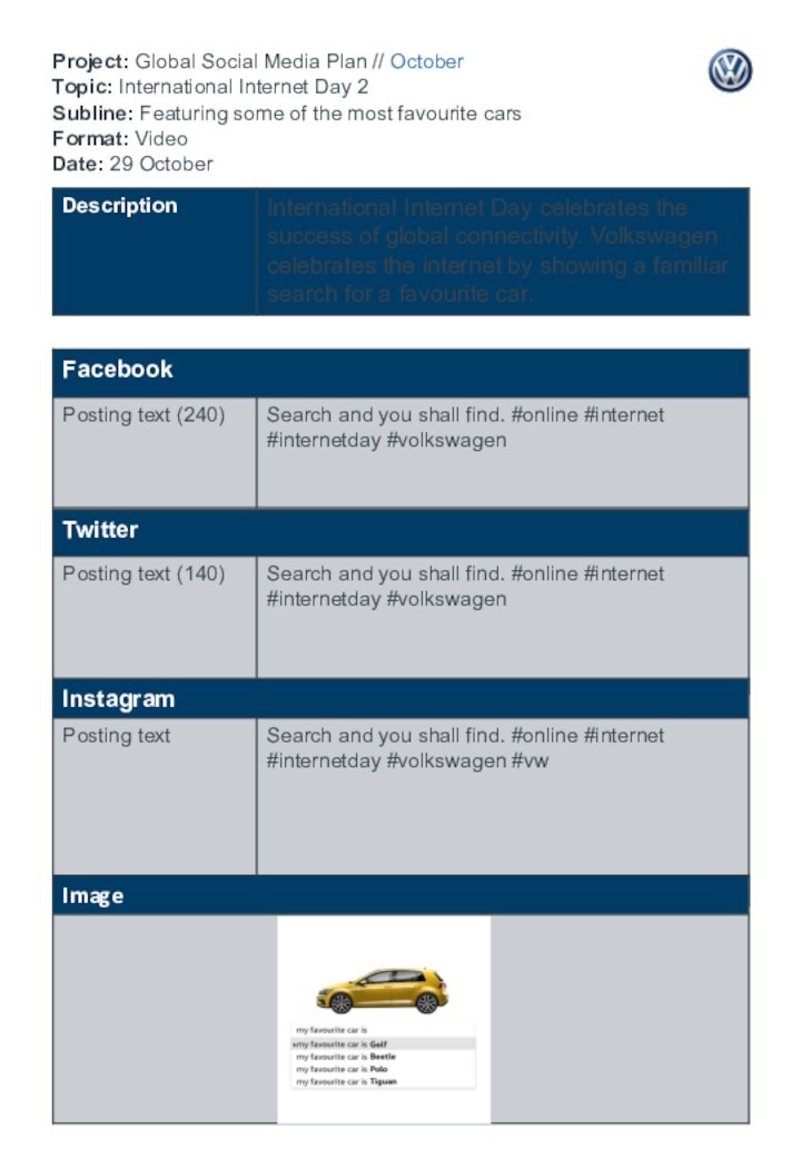 Project: Global Social Media Plan // October  Topic: International Internet Day