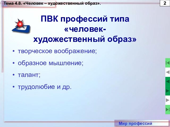 Тема 4.8. «Человек – художественный образ».2Мир профессийПВК профессий типа«человек-художественный образ»творческое воображение;образное мышление;талант;трудолюбие и др.