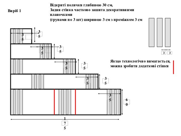 Відкриті полички глибиною 30 см, Задня стінка частково зашита декоративними планочками (групами