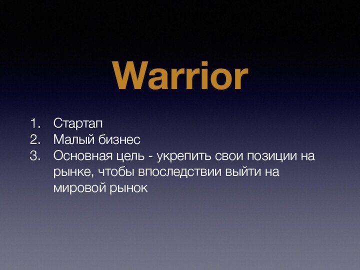 Warrior Стартап Малый бизнес Основная цель - укрепить свои позиции на рынке,