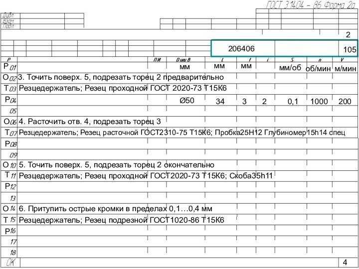 20640624Рмммммммм/обоб/минм/минО3. Точить поверх. 5, подрезать торец 2 предварительноТРезцедержатель; Резец проходной ГОСТ 2020-73