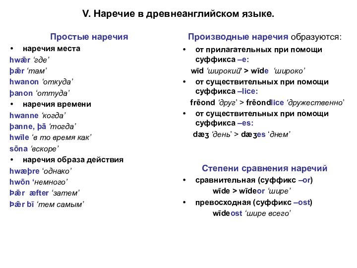 V. Наречие в древнеанглийском языке.Простые наречиянаречия местаhwǣr ‘где’þǣr ‘там’hwanon ‘откуда’þanon ‘оттуда’наречия времениhwanne