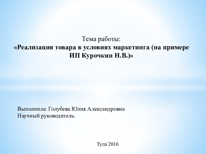 Тема работы:«Реализация товара в условиях маркетинга (на примере ИП Курочкин Н.В.)»Выполнила: Голубева