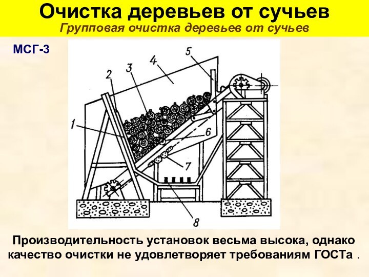 Очистка деревьев от сучьев Групповая очистка деревьев от сучьевПроизводительность установок весьма высока,