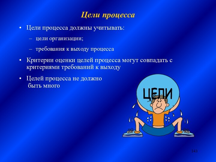 Цели процессаЦели процесса должны учитывать:цели организации;требования к выходу процессаКритерии оценки целей процесса