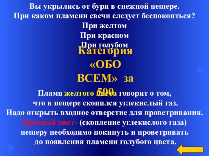 Вы укрылись от бури в снежной пещере. При каком пламени свечи следует