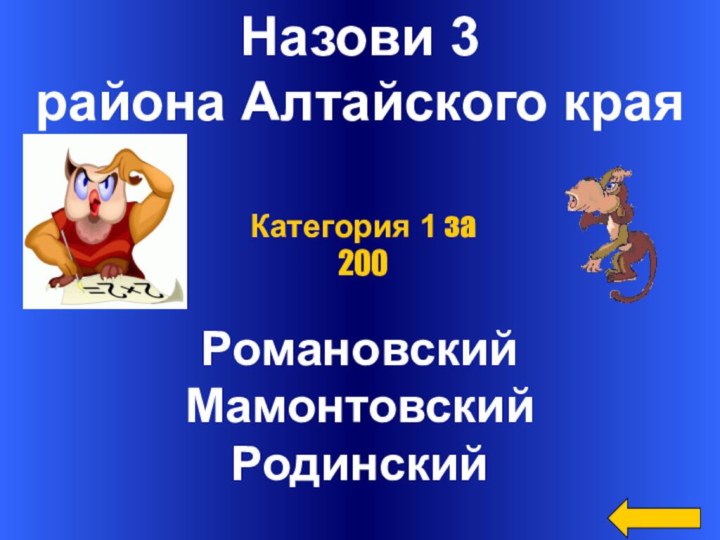 Назови 3 района Алтайского краяРомановскийМамонтовскийРодинскийКатегория 1 за 200