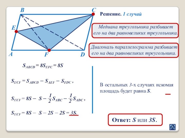 АВСDEFРешение. 1 случай Медиана треугольника разбиваетего на два равновеликих треугольника.Диагональ параллелограмма разбивает