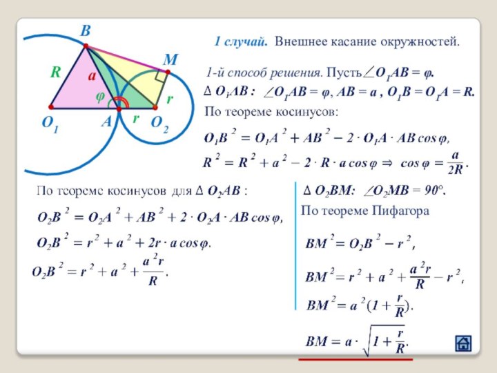 O1O2АВrRraM1-й способ решения. Пусть O1AB = φ. По теореме Пифагораφ