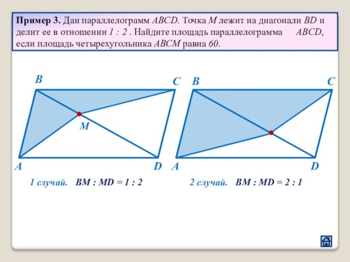 Пример 3. Дан параллелограмм ABCD. Точка М лежит на диагонали BD
