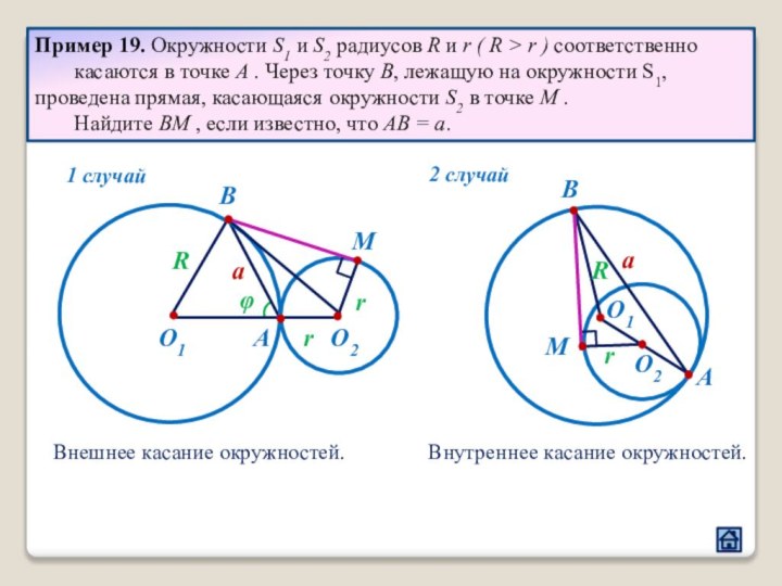 Пример 19. Окружности S1 и S2 радиусов R и r (