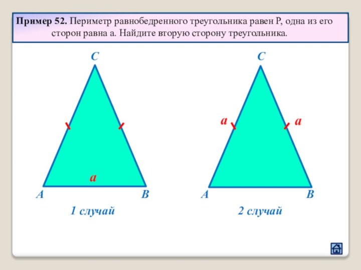 Пример 52. Периметр равнобедренного треугольника равен Р, одна из его