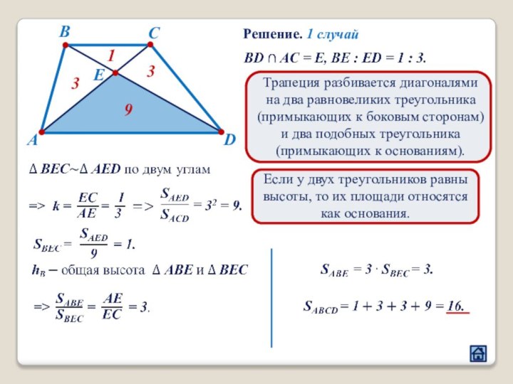 АВСDE9133Решение. 1 случайТрапеция разбивается диагоналямина два равновеликих треугольника(примыкающих к боковым сторонам) и