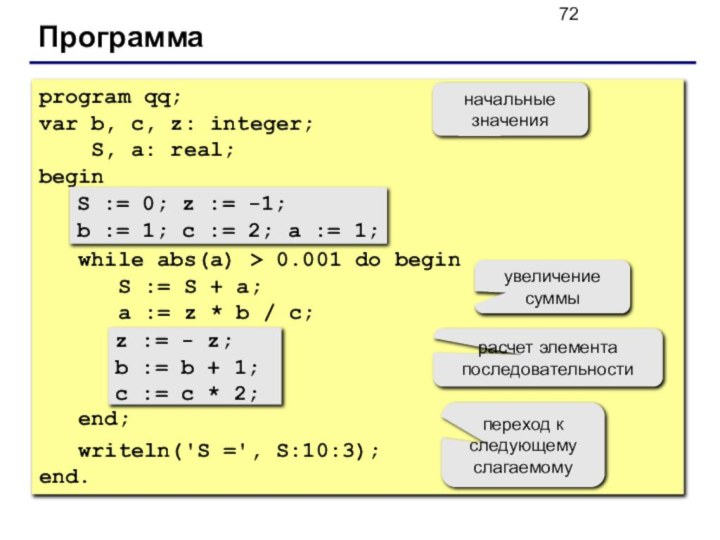 Программаprogram qq;var b, c, z: integer; S, a: real;begin S :=