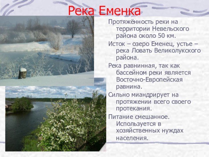 Река ЕменкаПротяжённость реки на территории Невельского района около 50 км. Исток –