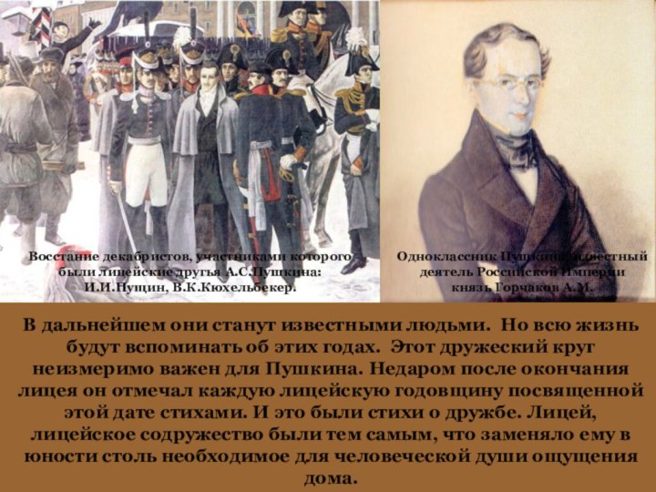 Восстание декабристов, участниками которого были лицейские другья А.С.Пушкина: И.И.Пущин, В.К.Кюхельбекер. Одноклассник Пушкина,