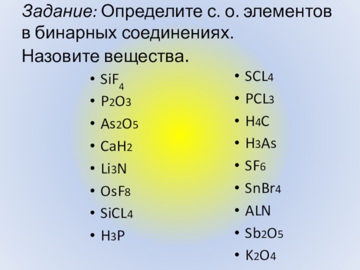 Задание: Определите с. о. элементов в бинарных соединениях. Назовите вещества.SiF4P2O3As2O5CaH2Li3NOsF8SiCL4H3PSCL4PCL3H4CH3AsSF6SnBr4ALNSb2O5K2O4