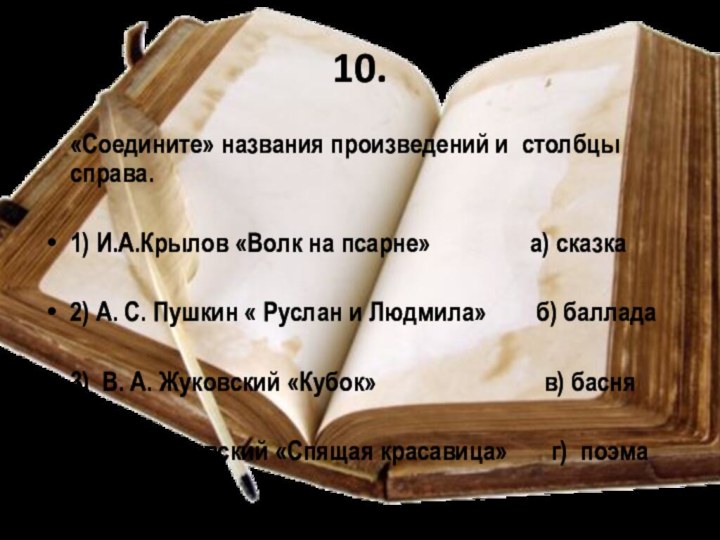 10.«Соедините» названия произведений и столбцы справа.1) И.А.Крылов «Волк на псарне»