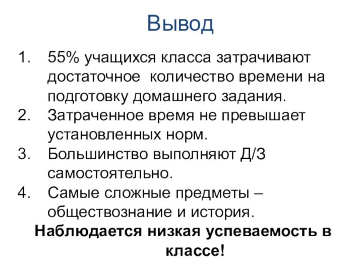 Вывод55% учащихся класса затрачивают достаточное количество времени на подготовку домашнего задания. Затраченное