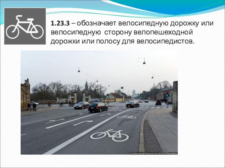 1.23.3 – обозначает велосипедную дорожку или велосипедную сторону велопешеходной дорожки или полосу для велосипедистов.