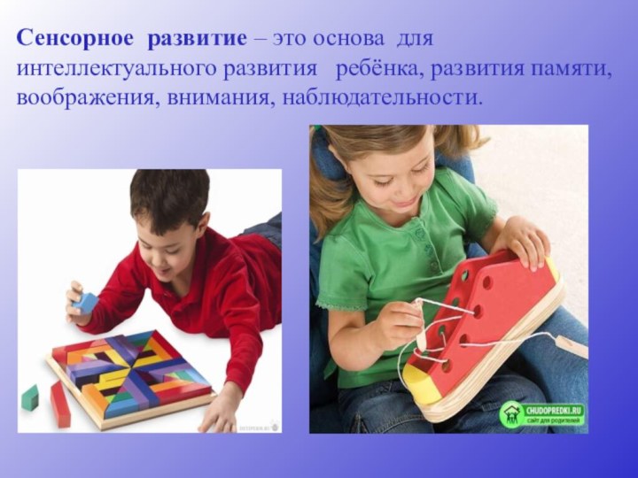 Сенсорное развитие – это основа для интеллектуального развития  ребёнка, развития памяти, воображения, внимания, наблюдательности.