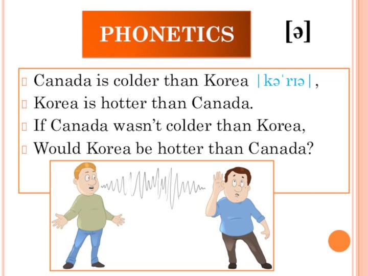 PHONETICSCanada is colder than Korea |kəˈrɪə|,Korea is hotter than Canada.If Canada wasn’t