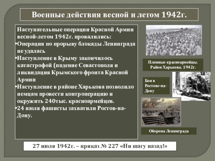 Военные действия весной и летом 1942г.Наступательные операции Красной Армии весной-летом 1942г. провалились:Операция