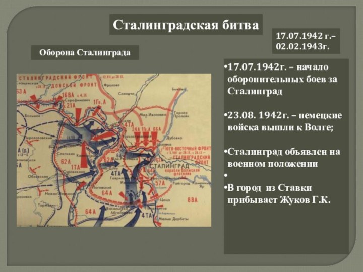Сталинградская битва17.07.1942 г.– 02.02.1943г.17.07.1942г. – начало оборонительных боев за Сталинград23.08. 1942г. –